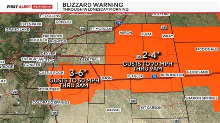 Strong Winds and Snow Prompt a Blizzard Warning from Castle Rock to Kansas Through Wednesday Morning